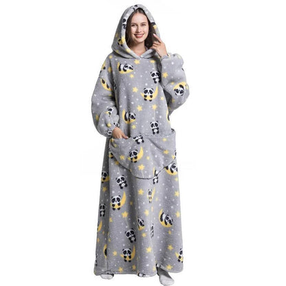 Grey Belro long wearable blanket hoodie featuring a cozy panda design, perfect for comfortable sleepwear or lounging.