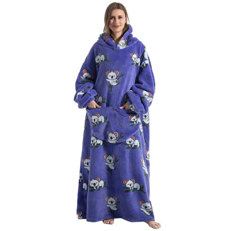 Belro long wearable blanket hoodie featuring a purple Koala print, cozy sleepwear for comfortable lounging and warmth.