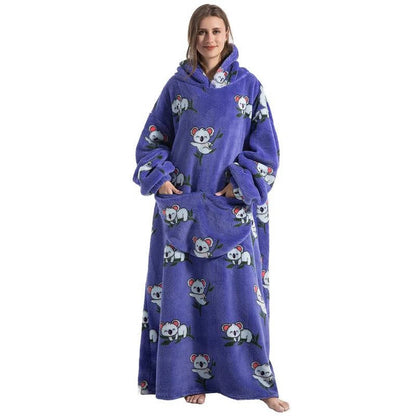 Belro long wearable blanket hoodie featuring a purple Koala print, cozy sleepwear for comfortable lounging and warmth.