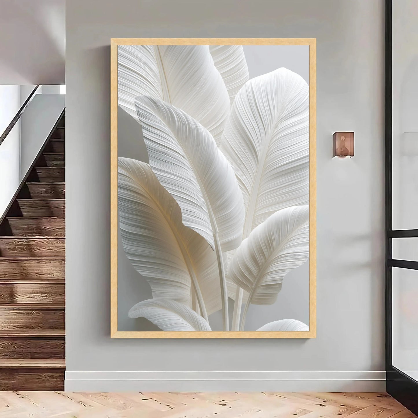 White Tropical Leaf Canvas Print, Minimalist Botanical Wall Art