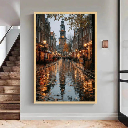 Amsterdam Canal Street Scene, Rainy Evening Reflection Canvas
