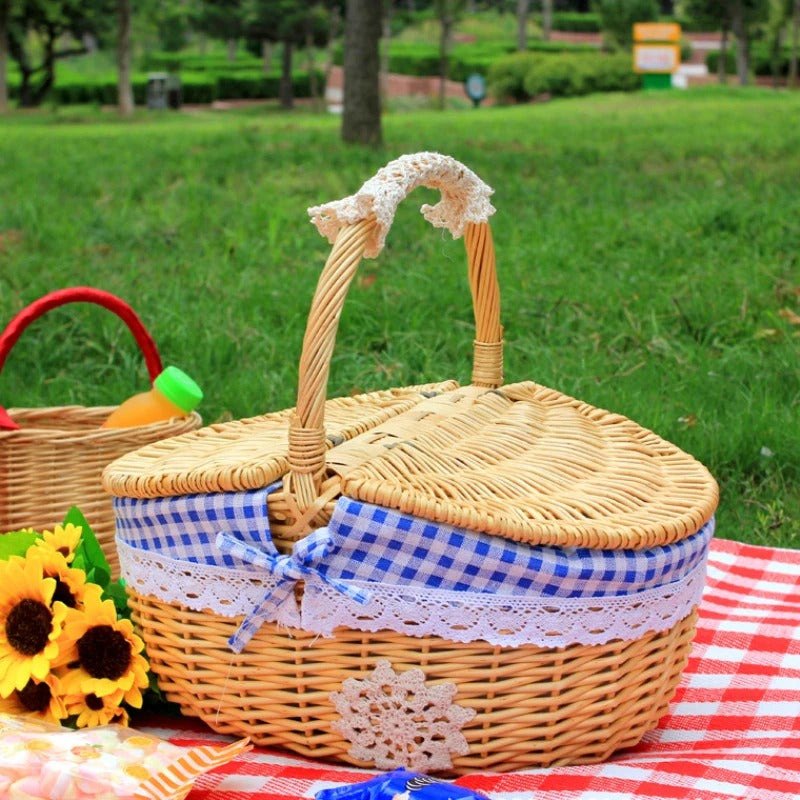 Belro wicker picnic basket with leather straps, ideal for outdoor dining and garden picnics.