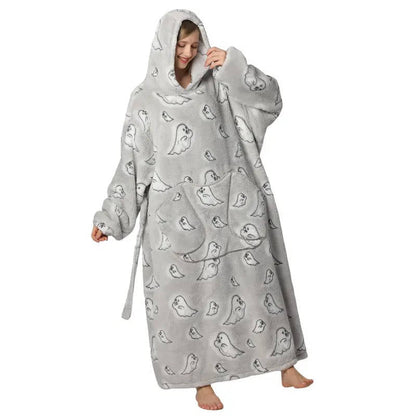 Grey Ghostie Belro long wearable blanket hoodie, cozy sleepwear with a soft, oversized design for comfort and warmth.