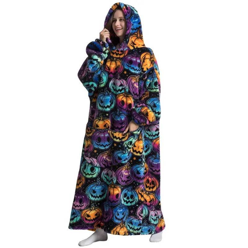 Belro long wearable blanket hoodie in Halloween-themed print, cozy sleepwear perfect for lounging and staying warm.