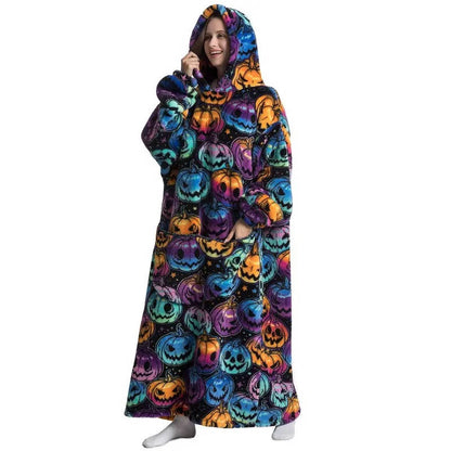 Belro long wearable blanket hoodie in Halloween-themed print, cozy sleepwear perfect for lounging and staying warm.