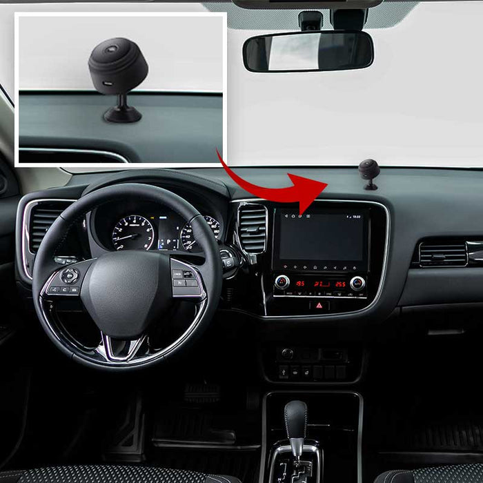 Belro Mini WiFi HD 1080P night vision camera installed inside a car for discreet surveillance.