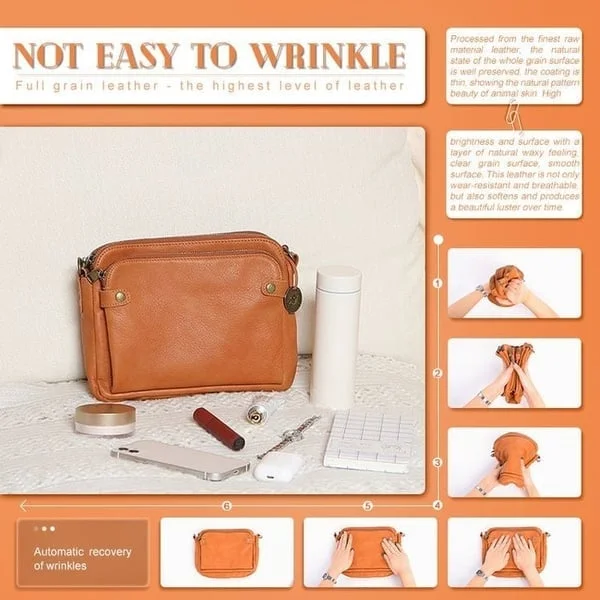 Belro three-layer leather crossbody bag and clutch with adjustable strap, featuring sleek design and multiple compartments.