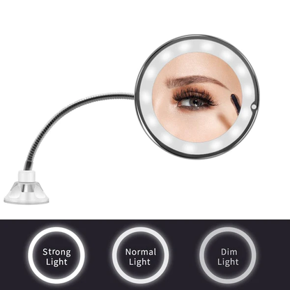 Belro 10X magnifying LED lighted flexible mirror for makeup, with adjustable arm and bright illumination for detailed beauty grooming.