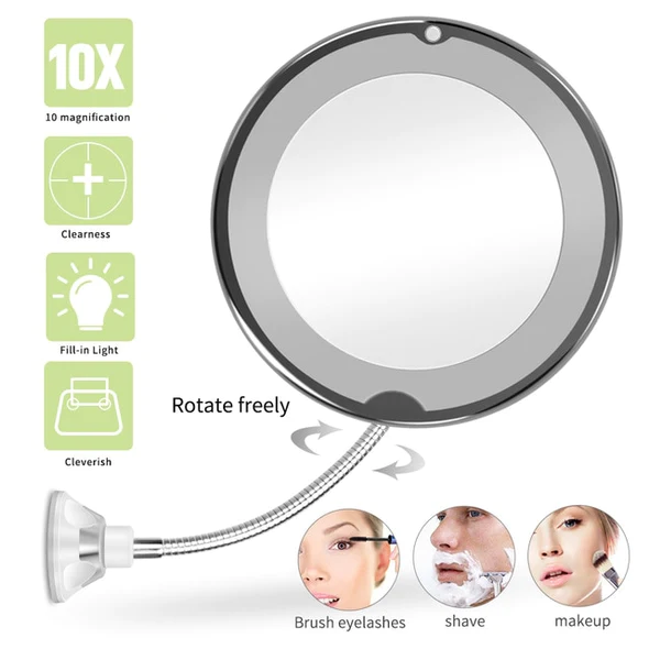 Belro 10X magnifying LED lighted flexible makeup mirror with adjustable arm and reflective surface for detailed beauty application.