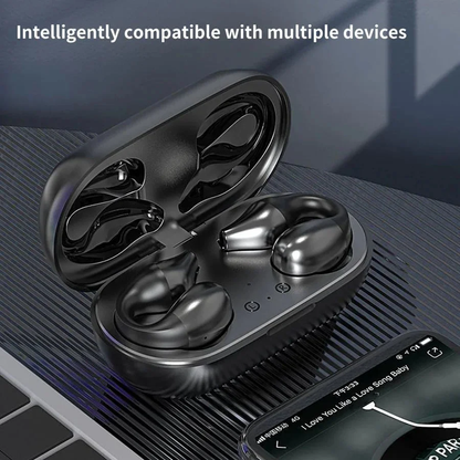 Wireless ear clip bone conduction headphones by Belro with sleek design, ear clips, and open-ear audio technology for comfortable listening