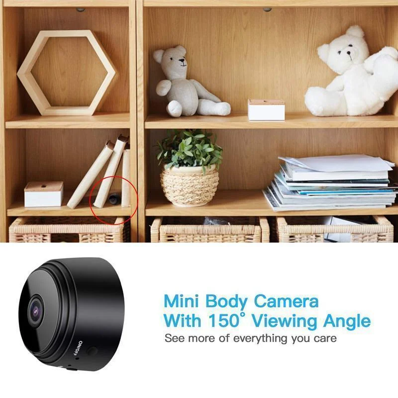 Belro 1080p magnetic WiFi mini security camera mounted on a wall, demonstrating compact surveillance with adjustable angle.