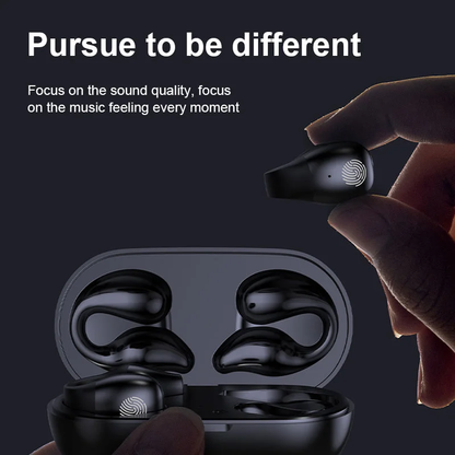 Belro wireless ear clip bone conduction headphones showing the sleek design and adjustable ear clips for secure fit.