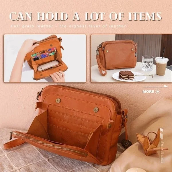 Belro three-layer leather crossbody bag and clutch with adjustable strap, featuring multiple compartments and sleek design.