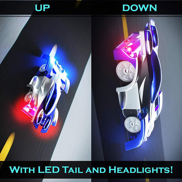 Belro Ultimate Wall Climbing Remote Control Car shown on a flat surface with colorful lights and detailed climbing wheels.