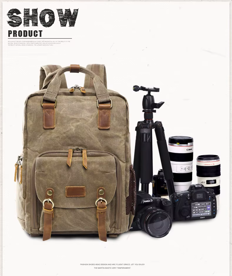 Belro waterproof waxed canvas camera backpack with multiple compartments and padded straps, designed for electronics and photography gear.