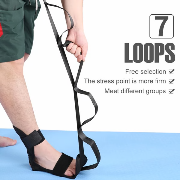 Belro yoga stretching strap for men, used for rehabilitation and flexibility training, shown in a neutral color with adjustable length.