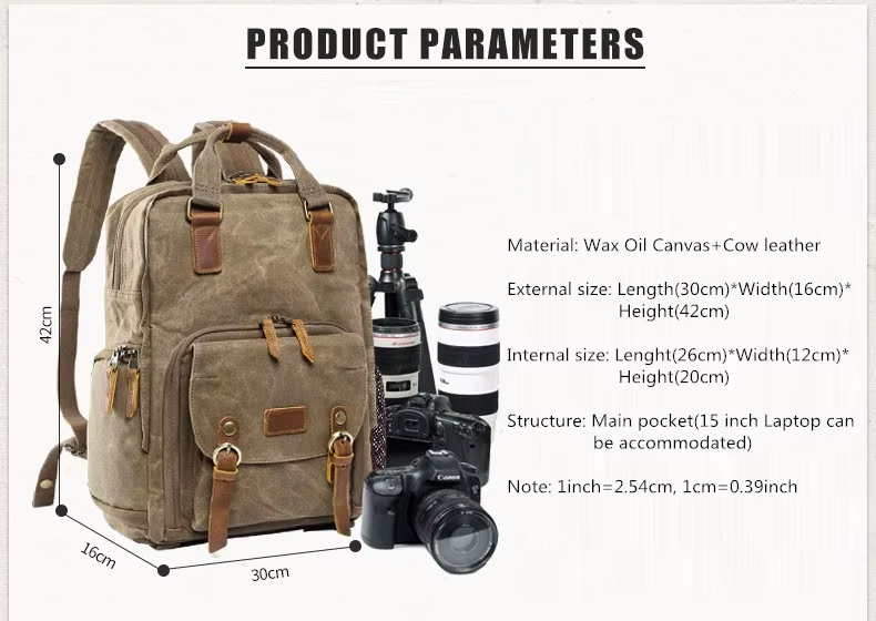 Belro waterproof waxed canvas camera backpack with multiple compartments, padded straps, and outdoor-ready design for electronics and camera gear.