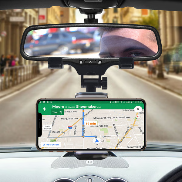 Belro multifunctional rear view mirror phone holder mount attached to a vehicle mirror, designed for easy device access.