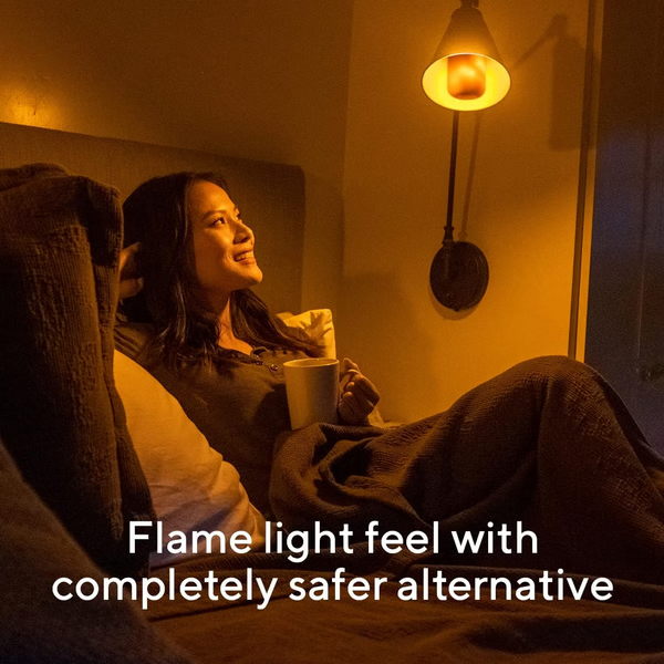 Belro LED Flame Effect Light Bulb emitting flickering flame-like light in a modern lighting fixture.