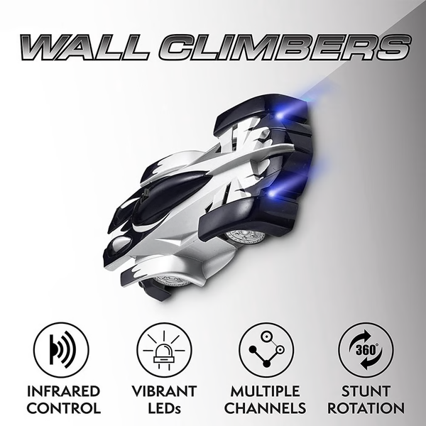 Belro Ultimate Wall Climbing Remote Control Car climbing along a wall, showcasing its innovative design and compact size in a playroom setting.