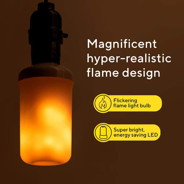 Belro LED flame effect light bulb emitting a flickering flame-like glow, designed for decorative lighting.