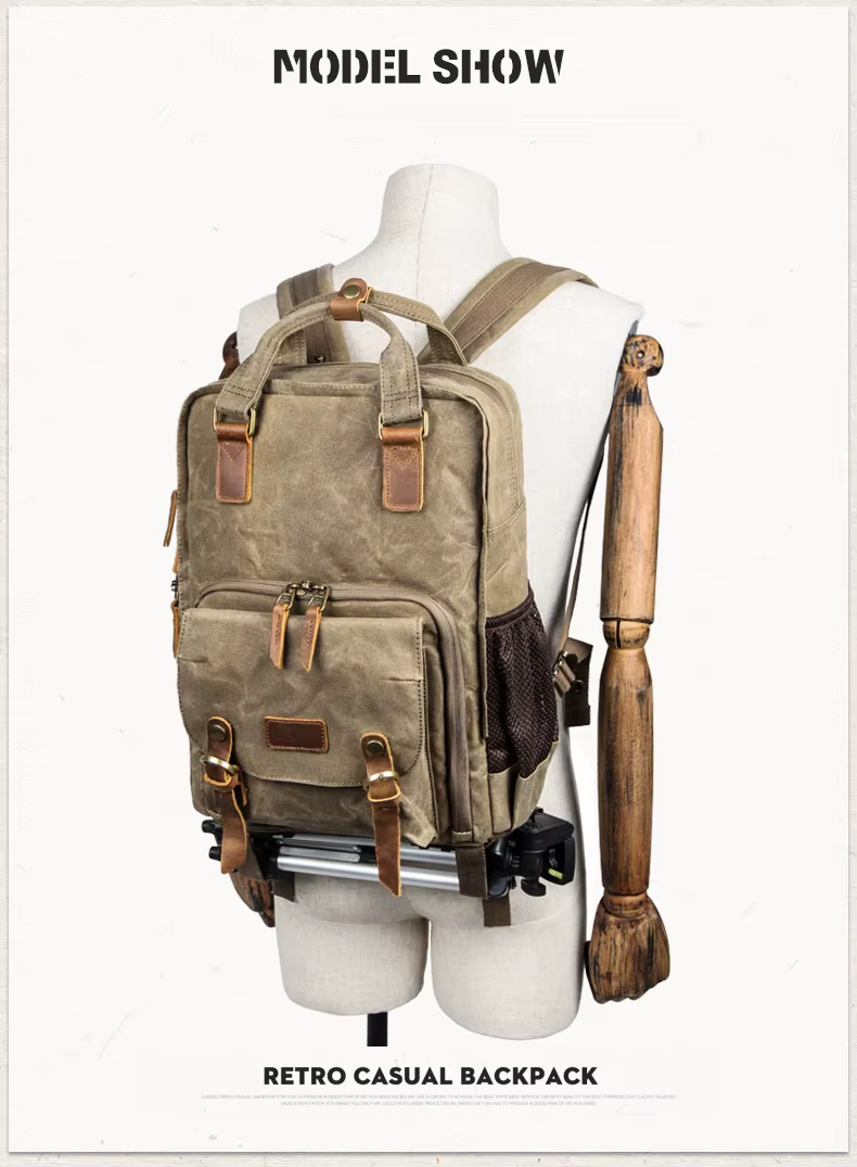Belro waterproof waxed canvas camera backpack with multiple compartments, ideal for electronics and photography gear.