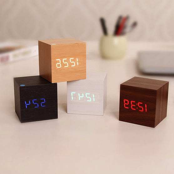 Modern digital wood clock by Belro featuring a sleek design with blue light display, ideal for home and desk decor.