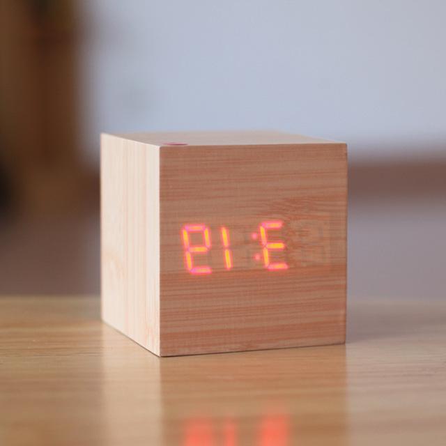 Modern digital wooden clock by Belro with an oak and orange light finish, designed for home and desk decor.