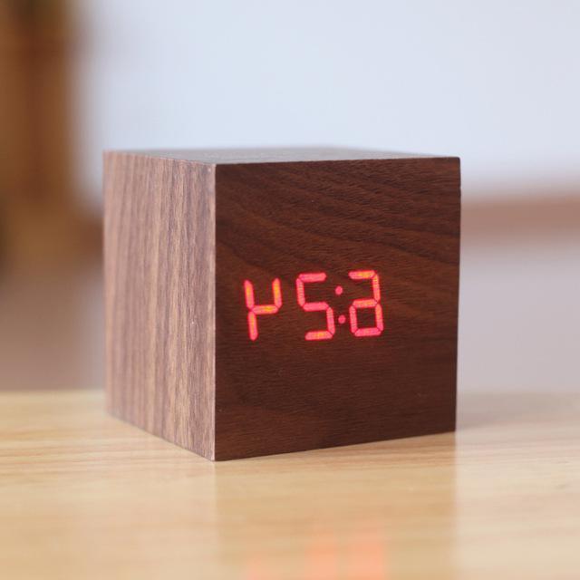 Modern digital wood clock by Belro with a walnut and orange finish, designed for home and garden desks.