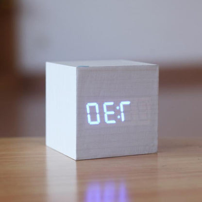 Belro modern digital wooden clock with white and blue light display on a desk, stylish home and garden furniture piece