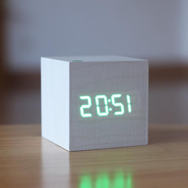 Modern digital wood clock by Belro with white and green accents, suitable for home and garden desk decor.