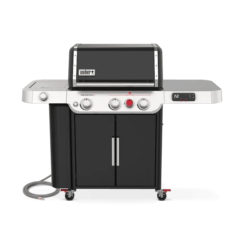 Casavibeo Weber Genesis EX-335 smart gas grill with stainless steel burners and side tables, ready for outdoor cooking.