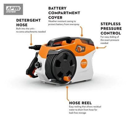Casavibeo STIHL REA 100 PLUS electric pressure washer with hose and nozzle, ready for outdoor cleaning tasks.