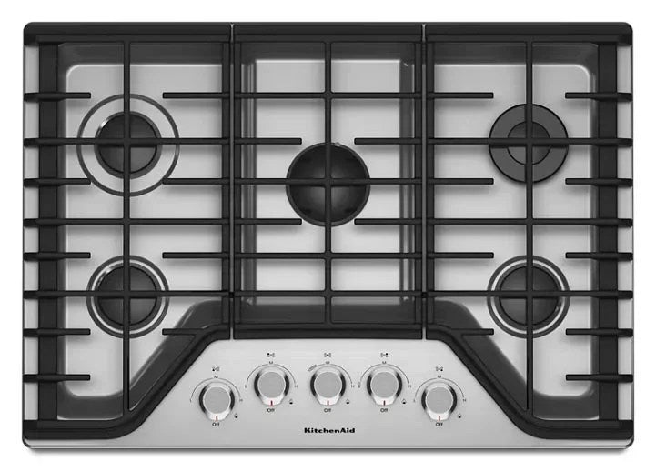 Casavibeo KitchenAid 30-inch 5-burner gas cooktop with stainless steel finish, featuring control knobs and multiple burners.