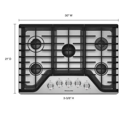 Casavibeo KitchenAid 30-inch 5-burner gas cooktop with stainless steel surface and control knobs for precise cooking.