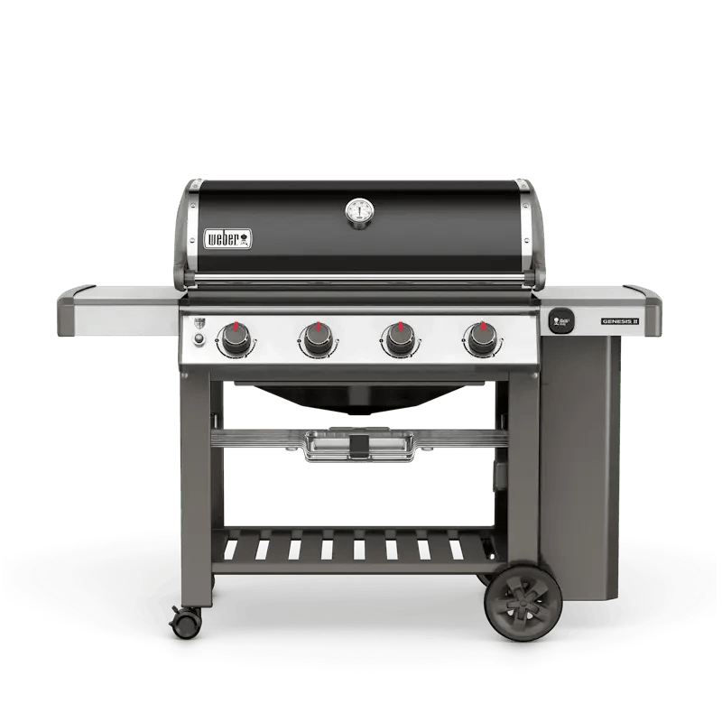 Casavibeo Weber Genesis II E-410 NGs gas grill with four burners, stainless steel finish, and side shelves for outdoor cooking.