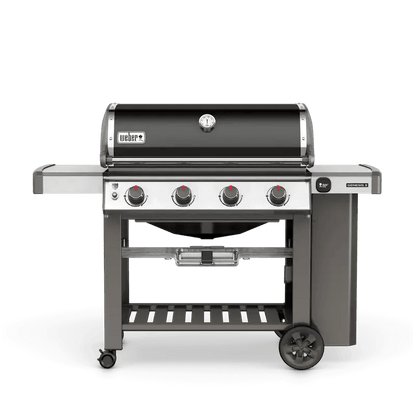 Casavibeo Weber Genesis II E-410 NGs gas grill with four burners, stainless steel finish, and side shelves for outdoor cooking.