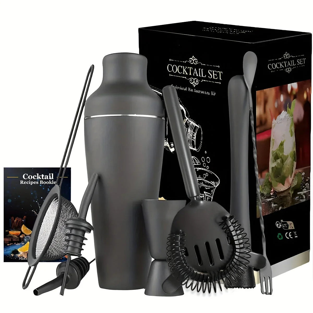 Premium stainless steel cocktail set by Belro with shaker, strainer, and tools for home bar and entertaining.