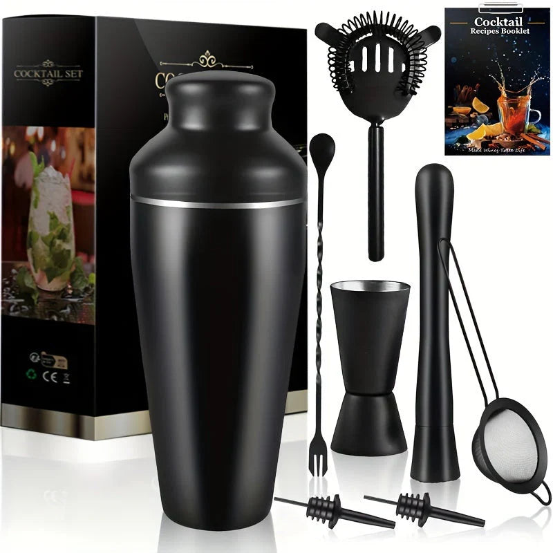Belro premium stainless steel cocktail set with shaker, strainer, and tools on a wooden bar surface for home bartending.