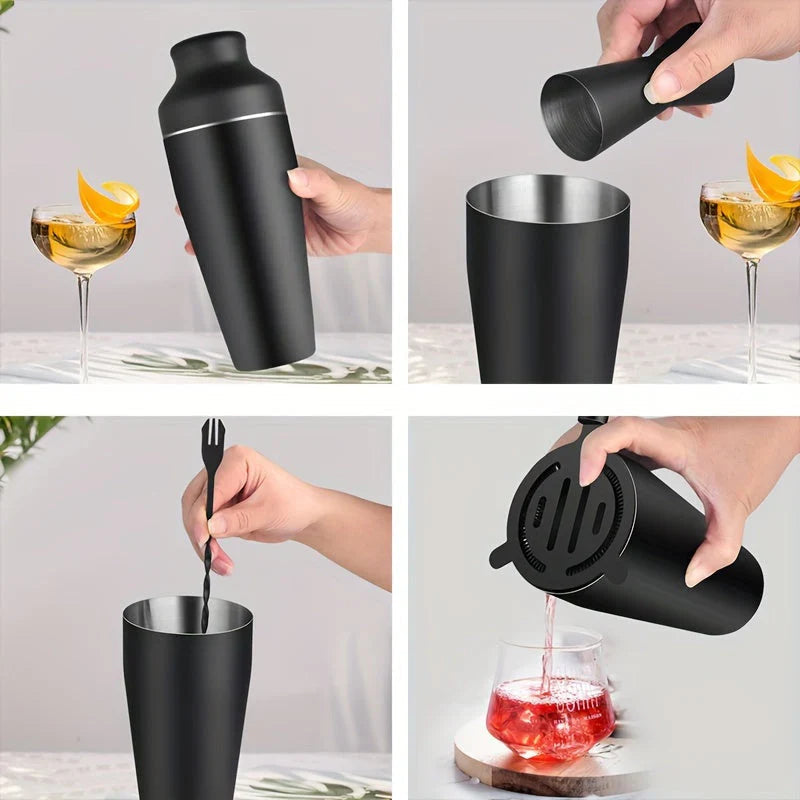 Belro premium stainless steel cocktail set with shaker, strainer, and tools for home bar use, displayed on a wooden surface.
