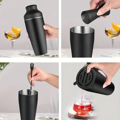 Belro premium stainless steel cocktail set with shaker, strainer, and tools for home bar use, displayed on a wooden surface.