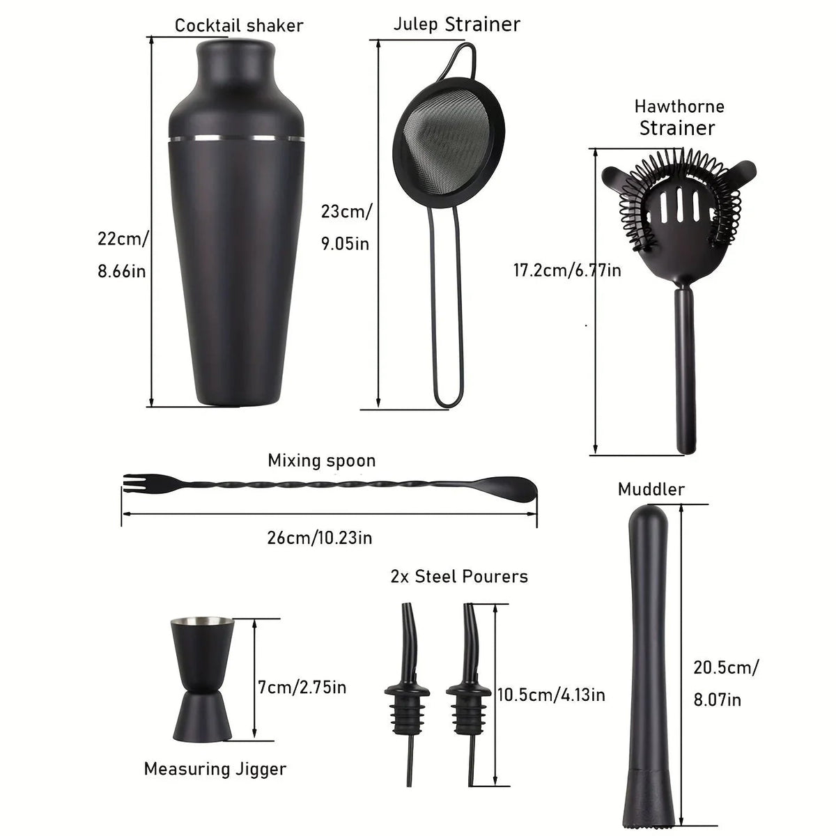 Belro premium stainless steel cocktail set with shaker, strainer, and tools on a wooden bar counter for home bartending.