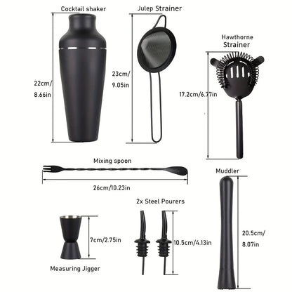 Belro premium stainless steel cocktail set with shaker, strainer, and tools on a wooden bar counter for home bartending.