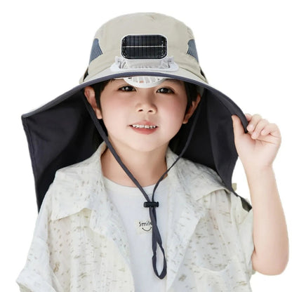 Belro adjustable kids' solar fan hat in khaki with built-in fan, sun protection, and lightweight design for outdoor wear.