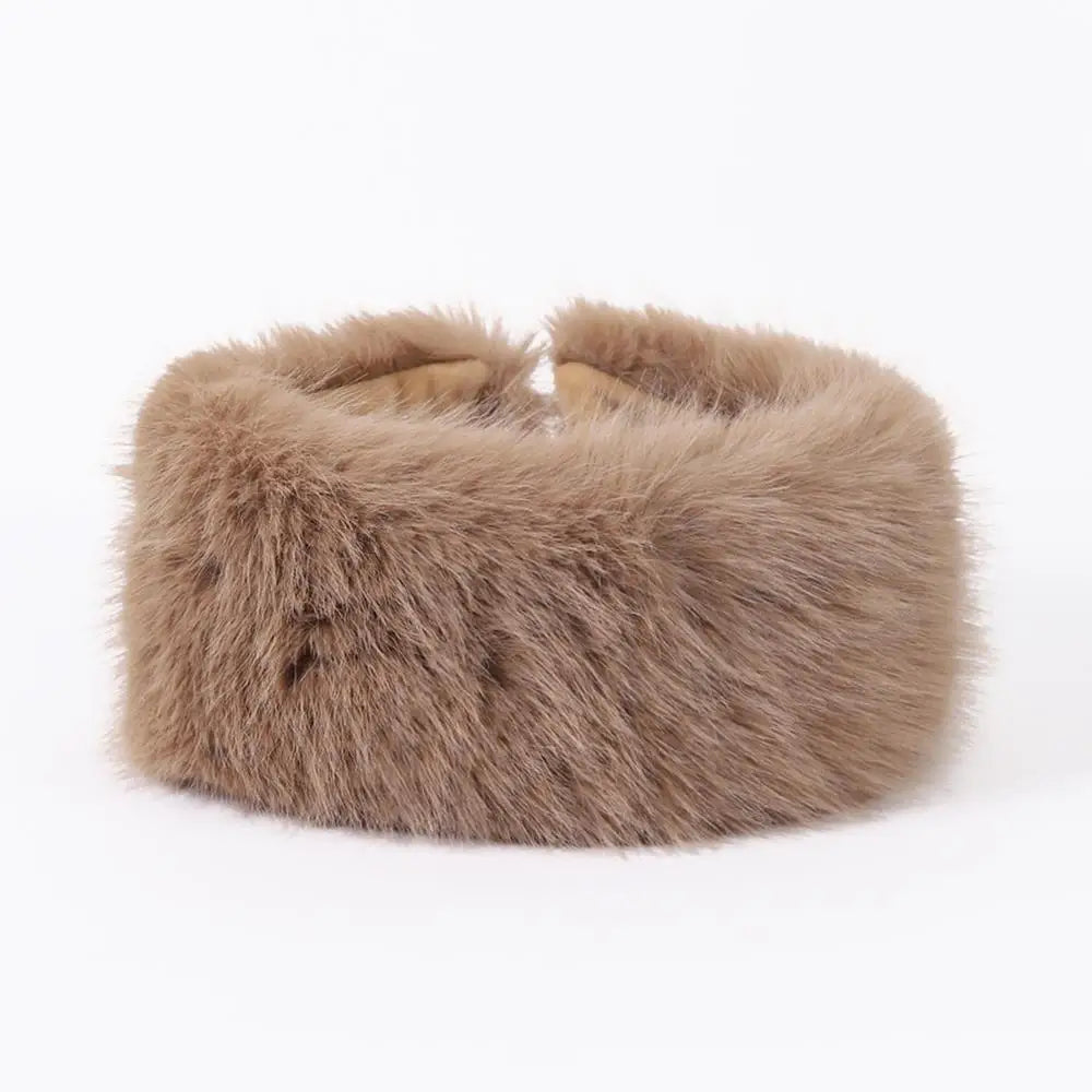 Khaki fluffy faux fur headband for women by Belro, soft and cozy hair accessory with plush texture.