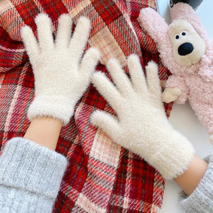 Belro soft plush winter gloves for women in khaki, featuring warm, cozy fabric perfect for cold weather outdoor wear.