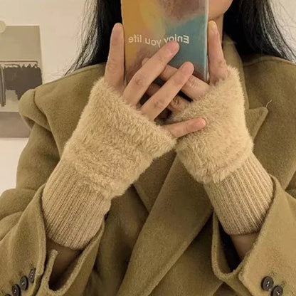 Khaki plush cozy fingerless gloves for women from Belro, soft and warm clothing accessory with a comfortable fit.