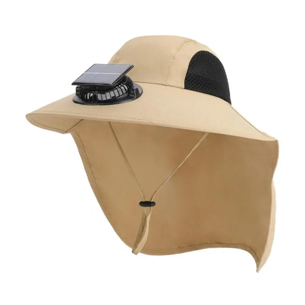 Belro solar fan hat with wide brim in khaki, UV protection, and built-in fan, designed for outdoor sun protection.