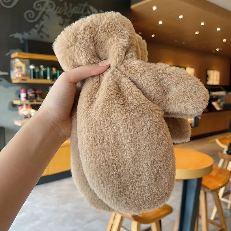 Khaki Belro fluffy plush winter mittens with soft lining, designed for warmth and comfort in cold weather.