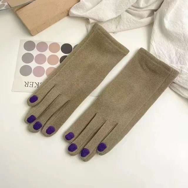 Khaki Touch Screen Winter Gloves by Belro with stylish nail polish design, designed for warmth and touchscreen compatibility.